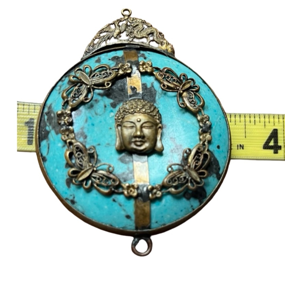 Rare Turquoise Pendant with Buddha and Butterfly Accents - Picture 6 of 6